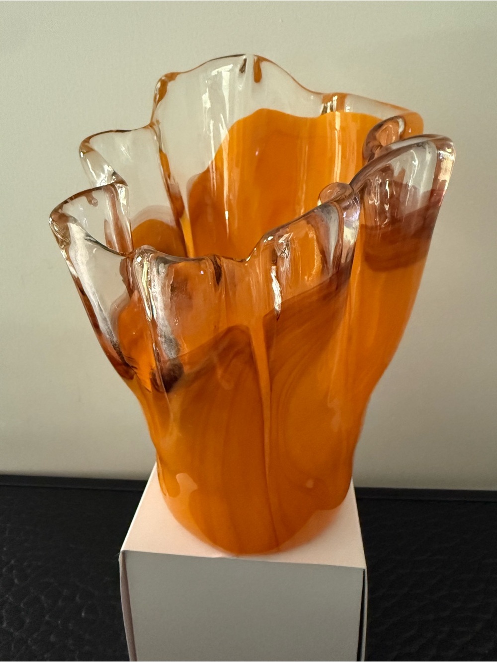 Orange Hand-Blown Art Glass Vase Clear Case